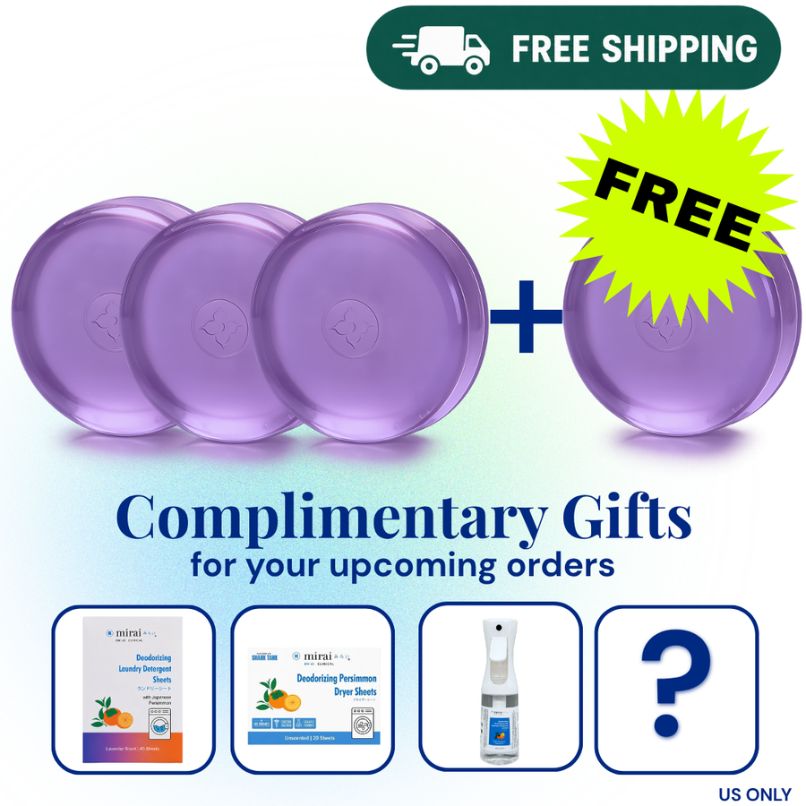 Promotional graphic showing four purple round bars of soap plus a yellow starburst that says FREE, with a green 'FREE SHIPPING' banner at the top and text reading 'Complimentary Gifts for your upcoming orders' plus small gift box previews below.