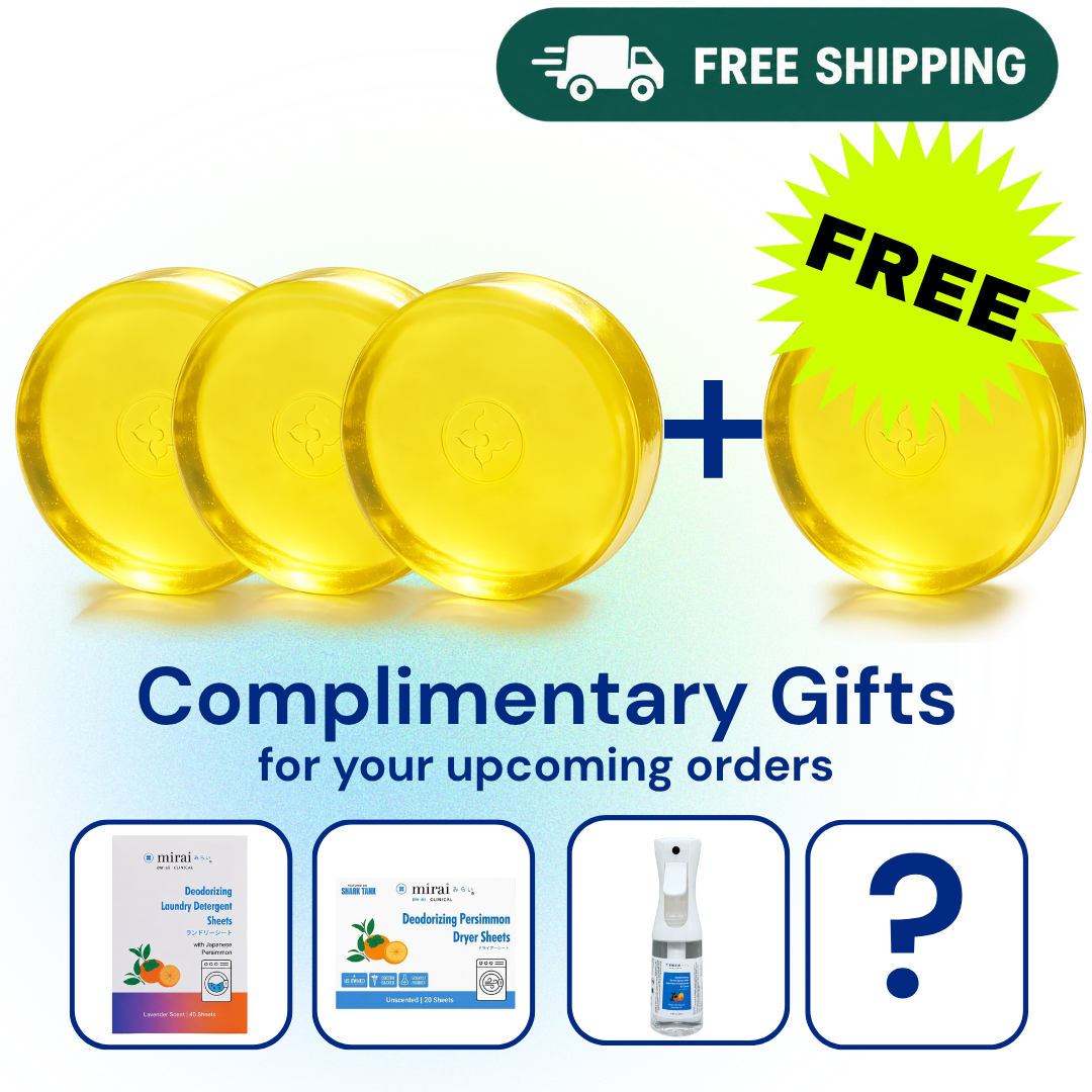 Promotional graphic showing four translucent yellow circular items, with text reading 'FREE SHIPPING' at the top and 'FREE' inside a yellow starburst. Below, the text says 'Complimentary Gifts for your upcoming orders' above four product-preview boxes, including a spray bottle and a question mark representing included gifts.