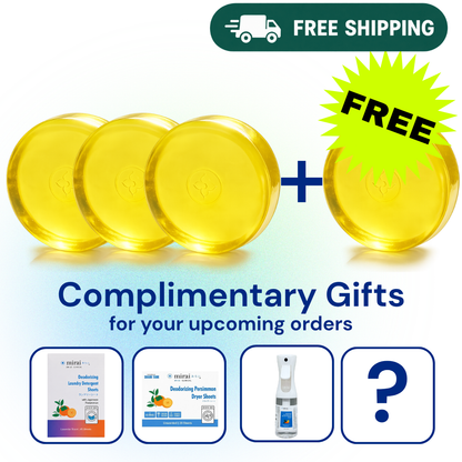 Promotional graphic showing four translucent yellow circular items, with text reading 'FREE SHIPPING' at the top and 'FREE' inside a yellow starburst. Below, the text says 'Complimentary Gifts for your upcoming orders' above four product-preview boxes, including a spray bottle and a question mark representing included gifts.