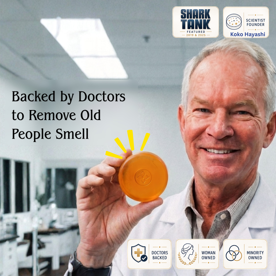 A smiling man in a white lab coat holds up an orange round product in his hand, with promotional text reading 'Backed by Doctors to Remove Old People Smell' and Shark Tank and Koko Hayashi logos at the top.

