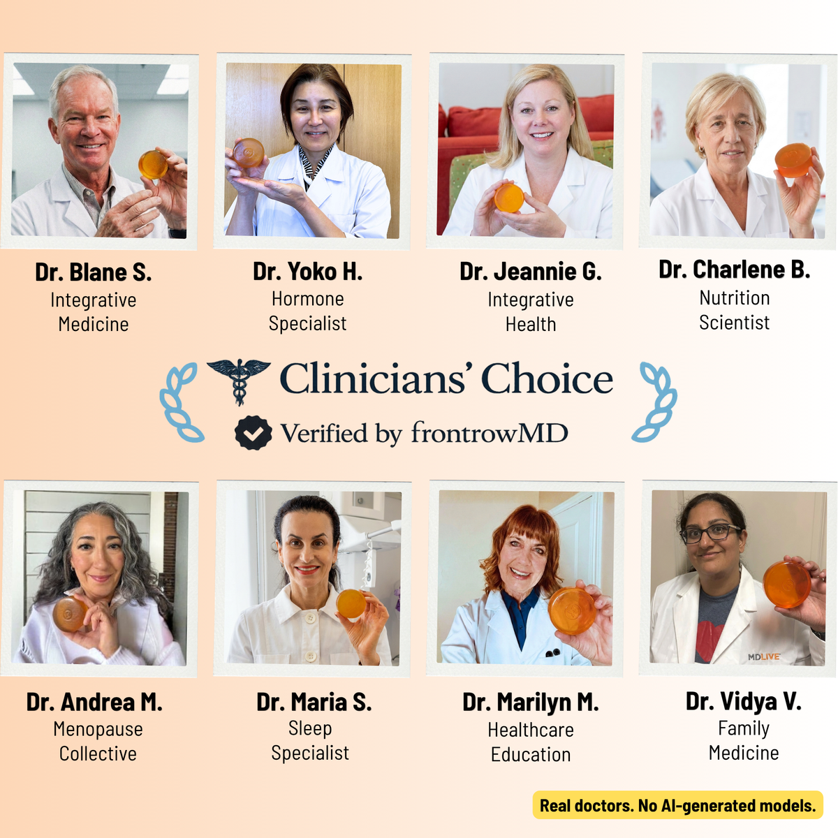 Clinicians' Choice award graphic featuring ten doctor portraits holding orange slices, with text reading 'Clinicians' Choice' and 'Verified by frontrowMD'.

