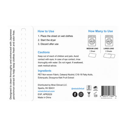 Back panel of Mirai Clinical Dryer Sheets box showing how-to-use steps, cautions, ingredient list with persimmon extract, and load-size usage guide
