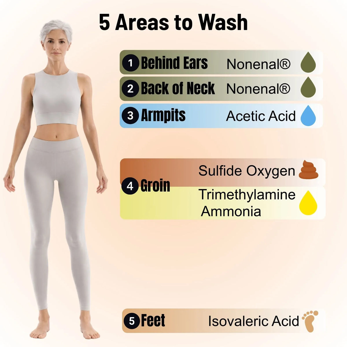 Diagram of the 5 key areas to wash to reduce body odor, Mirai Clinical guide
