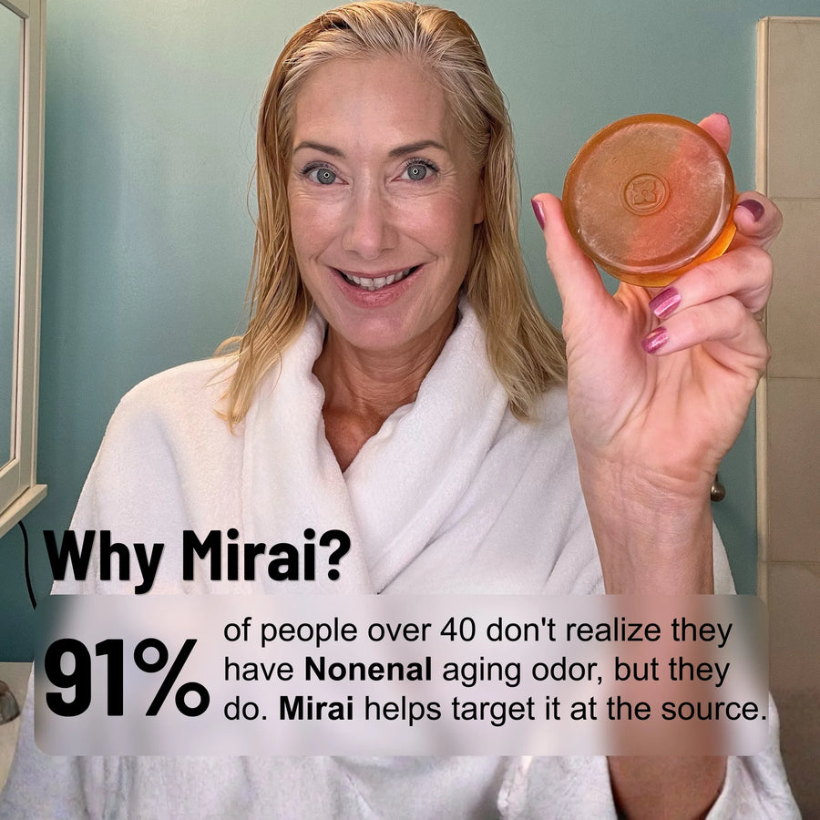 Woman in robe holding Mirai Clinical Nonenal soap bar — Why Mirai? 91% of people over 40 don't realize they have Nonenal aging odor, but Mirai helps target it at the source