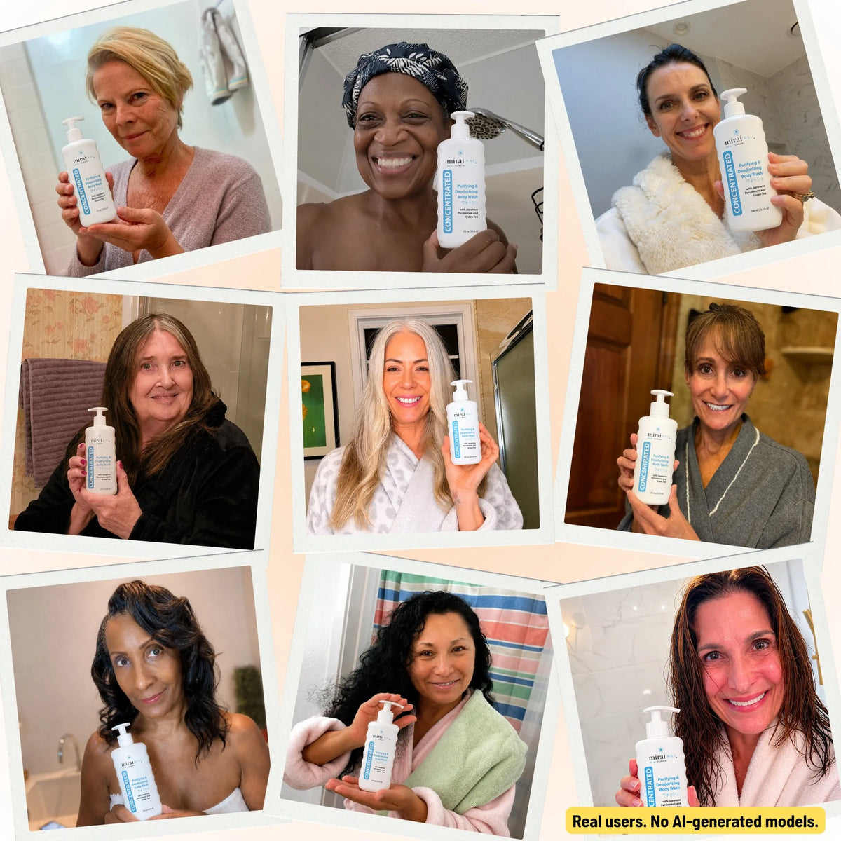 Collage of 9 real female customers over 40 holding Mirai Clinical Concentrated Purifying and Deodorizing Body Wash. Real users, no AI-generated models.