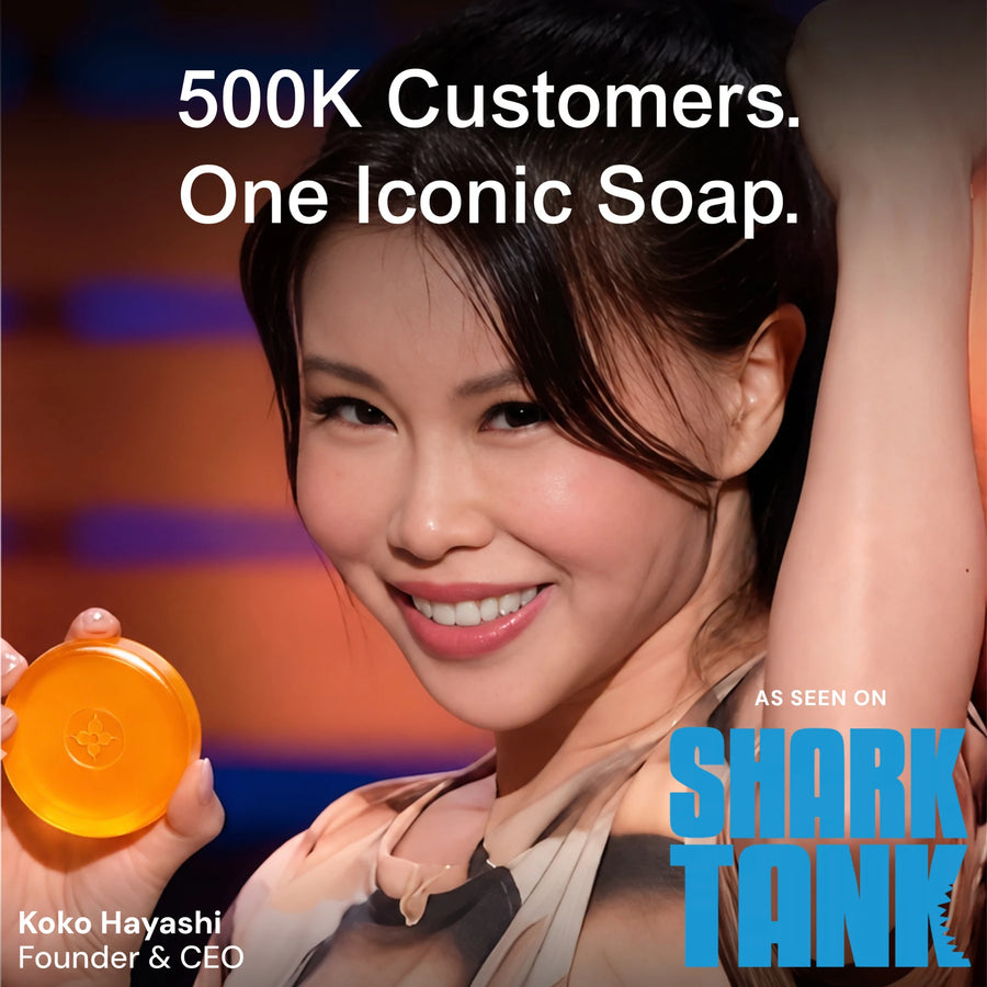 Unscented - A promotional image for a bar of soap featuring a smiling woman holding an orange-yellow translucent soap puck. Large text reads '500K Customers.

