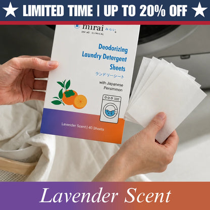 Hands holding a box of Mirai Deodorizing Laundry Detergent Sheets with Japanese Persimmon, Lavender Scent, 40 sheets, next to laundry — limited time offer, up to 20% off