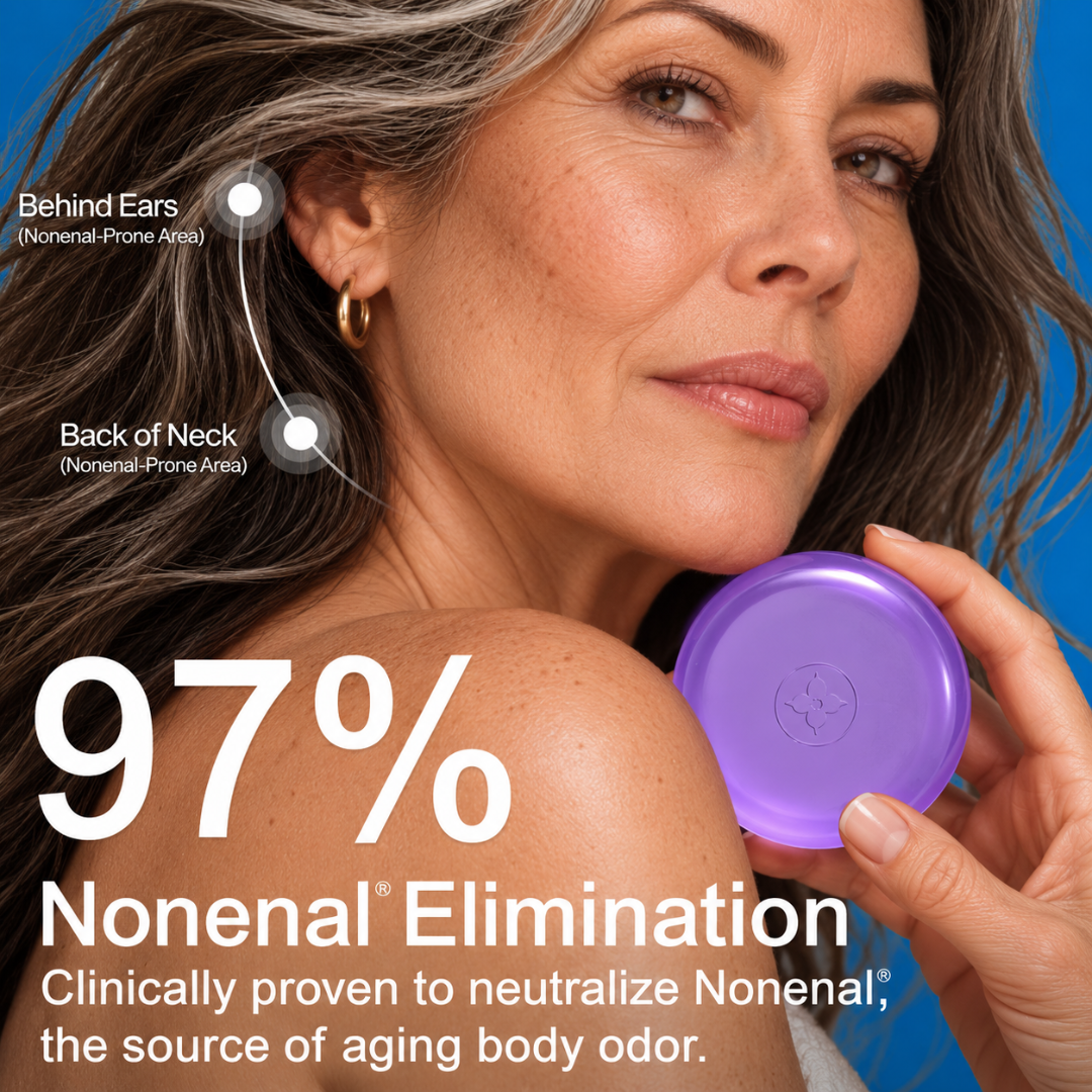 lavender - Mature woman holding purple lavender soap, highlighting behind ears and back of neck as Nonenal-prone areas, 97% elimination