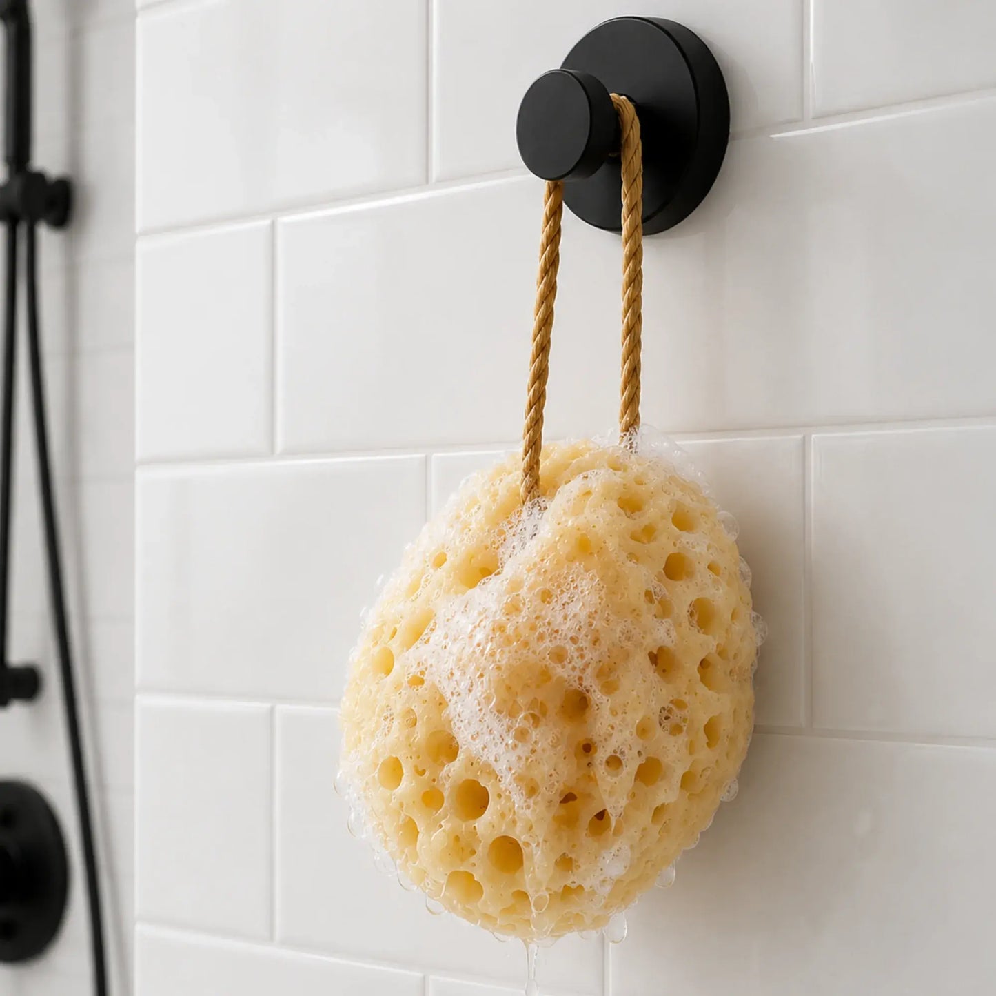 A natural yellow sponge bath bomb holder with a braided rope loop hangs from a black wall-mounted hook on a white tiled bathroom wall.