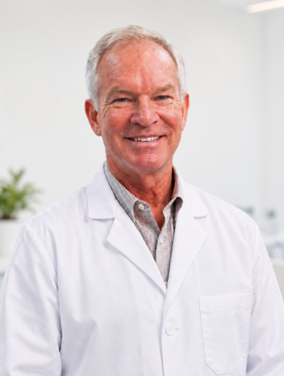 Smiling gray-haired man in a white lab coat over a checkered shirt, standing indoors with a blurred plant and bright background.