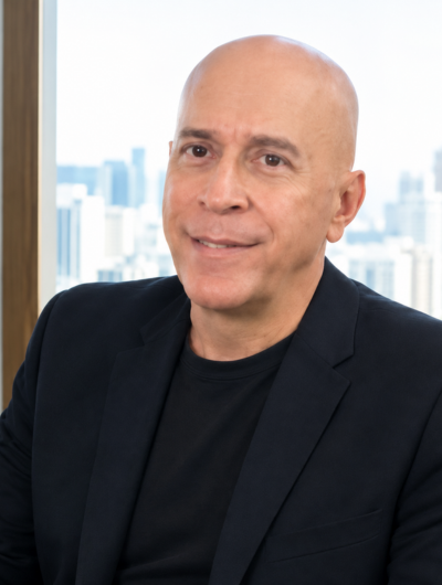 A close-up portrait of a bald man with a warm smile, wearing a black blazer over a black t-shirt, set against a bright, softly blurred cityscape background.

