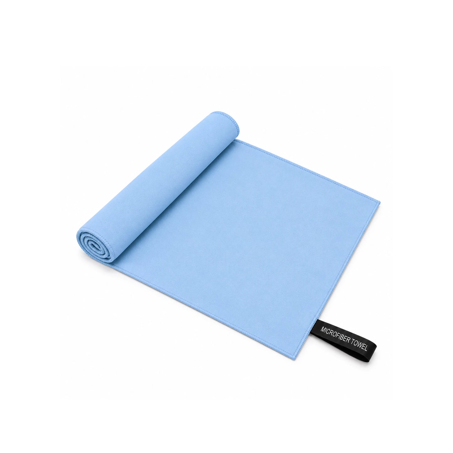 A light blue microfiber towel, partially unrolled to show its texture and a black brand tag reading 'MICROFIBER TOWEL' on a clean white background.