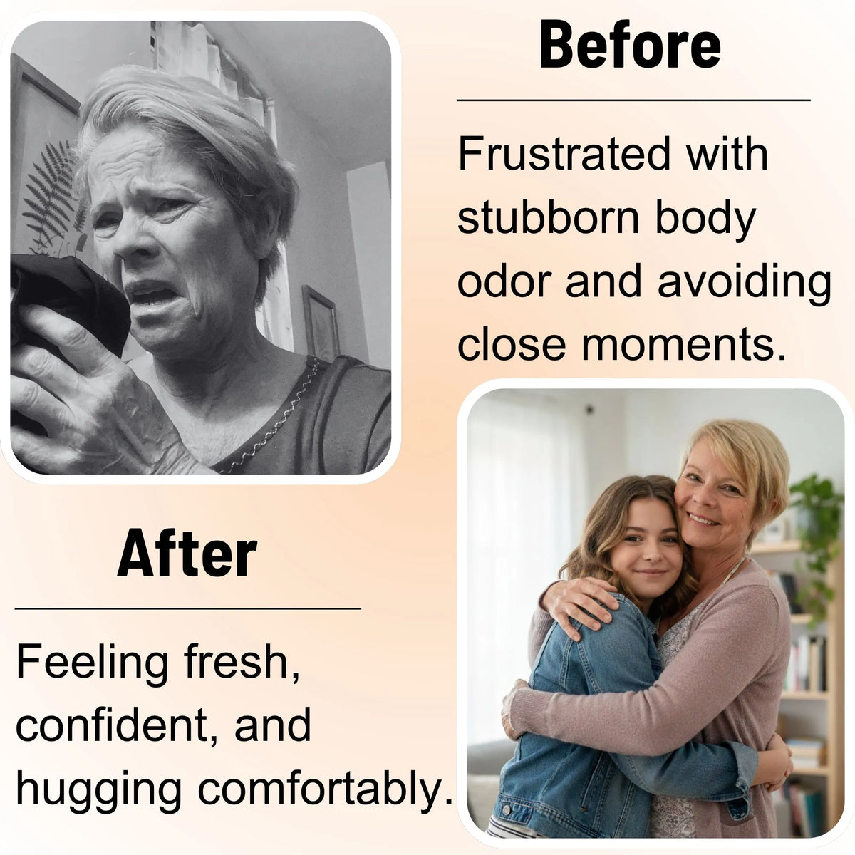 Before and after: woman frustrated by stubborn body odor, then feeling fresh, confident and hugging her daughter comfortably after using Mirai Clinical