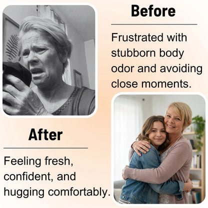 Before and after: woman frustrated by stubborn body odor, then feeling fresh, confident and hugging her daughter comfortably after using Mirai Clinical