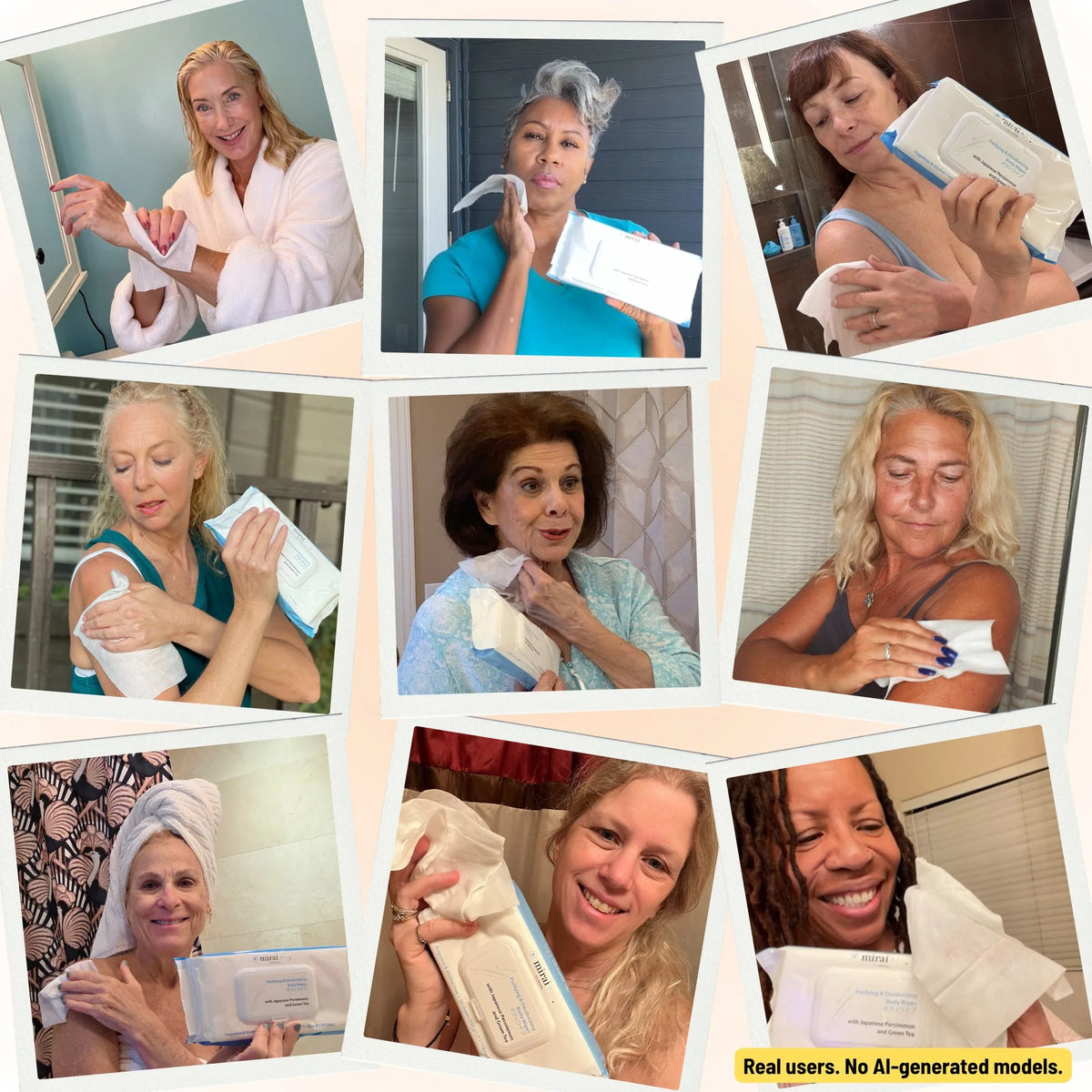 Collage of 9 real female customers over 40 using Mirai Clinical Purifying and Deodorizing Body Wipes on arms, neck and shoulders. Real users, no AI-generated models.