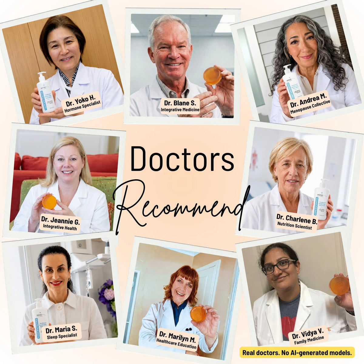8 real doctors including hormone specialists, integrative medicine and nutrition scientists recommending Mirai Clinical Soap Bar and Body Wash Bundle. Real doctors, no AI-generated models.
