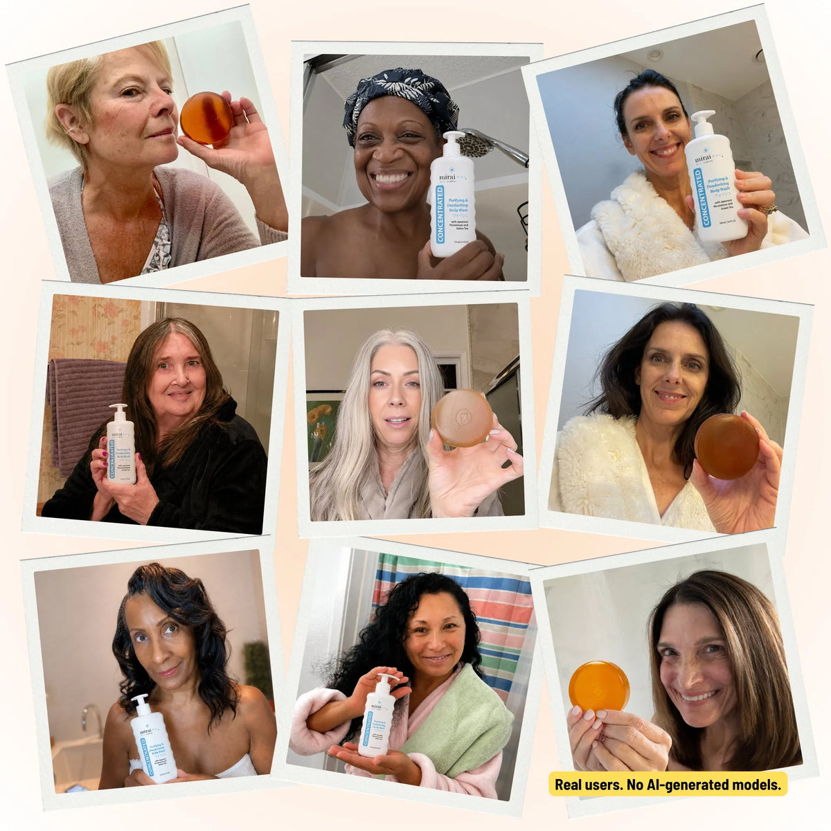 Collage of 9 real female customers over 40 holding Mirai Clinical Nonenal Soap Bar and Concentrated Body Wash. Real users, no AI-generated models.