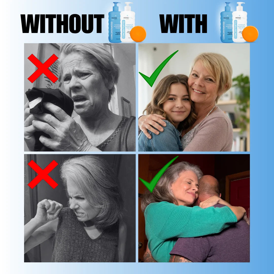 MiraiClinical persimmon deodorizing complete set before after results showing reduced nonenal body odor effectively