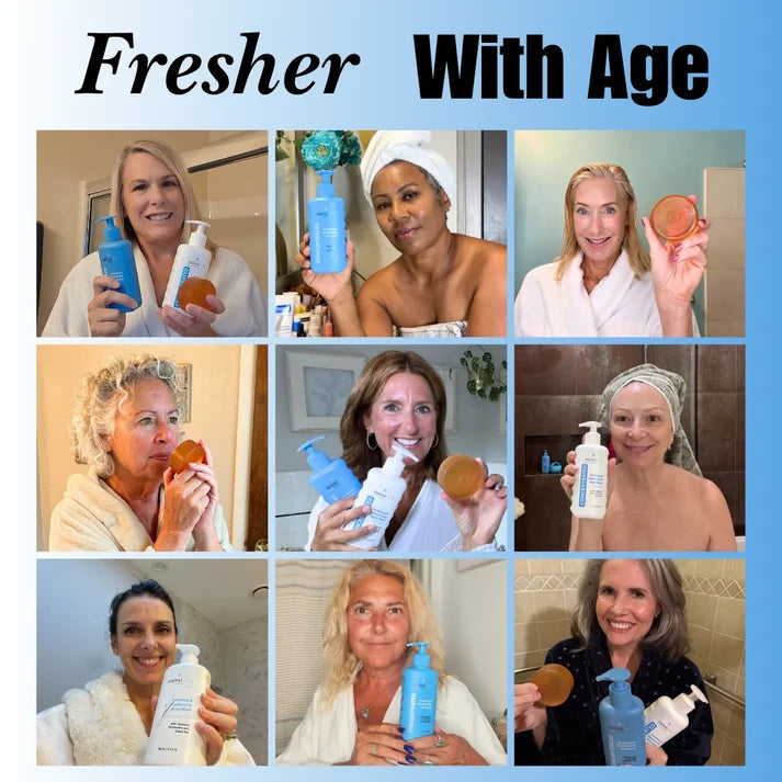Mirai Clinical customer results showcasing fresher skin and confidence with age, featuring persimmon soap.