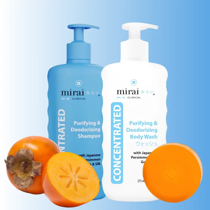 Mirai Clinical Memorial Bundle: persimmon soap, body wash, and shampoo for odor elimination.