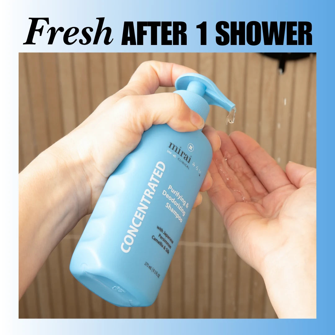 MiraiClinical persimmon deodorizing shampoo leaving hair fresh after shower reducing stubborn nonenal scalp odor