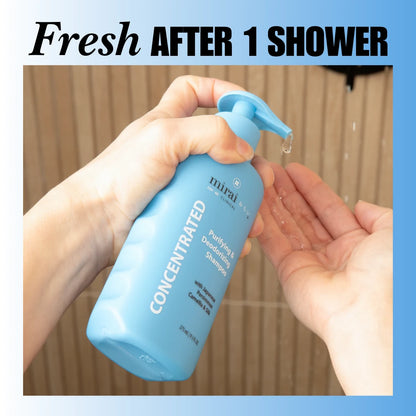 MiraiClinical persimmon deodorizing shampoo leaving hair fresh after shower reducing stubborn nonenal scalp odor