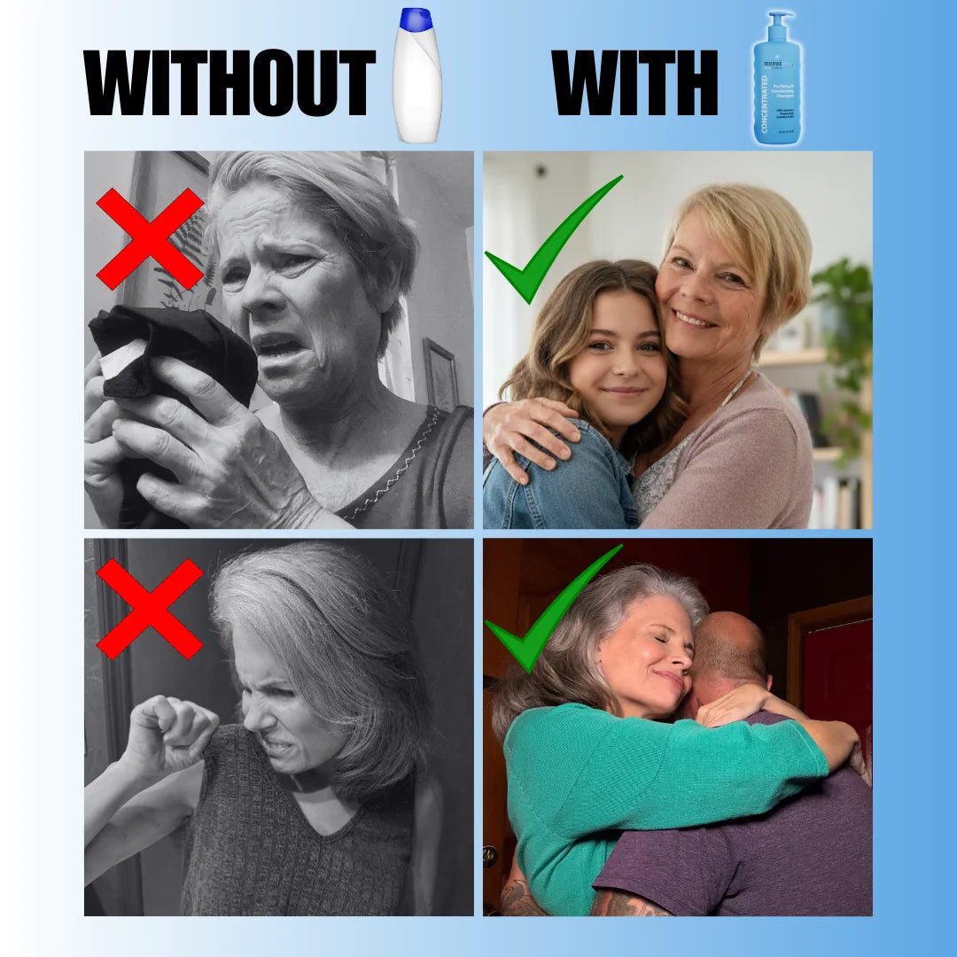 MiraiClinical persimmon deodorizing shampoo before after showing reduced nonenal scalp odor and fresher hair