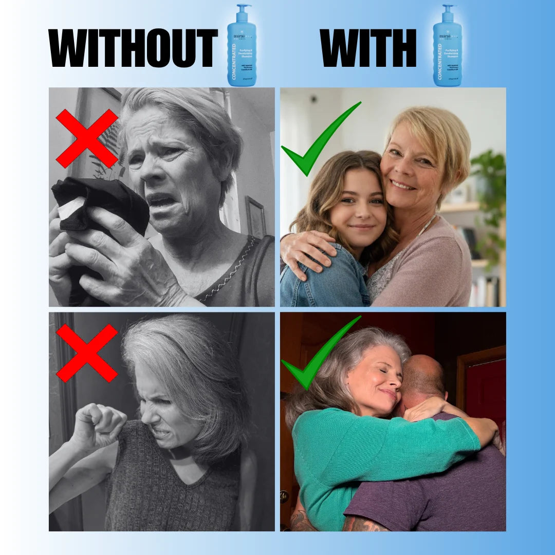 MiraiClinical persimmon deodorizing shampoo before after showing reduced nonenal scalp odor and fresher hair