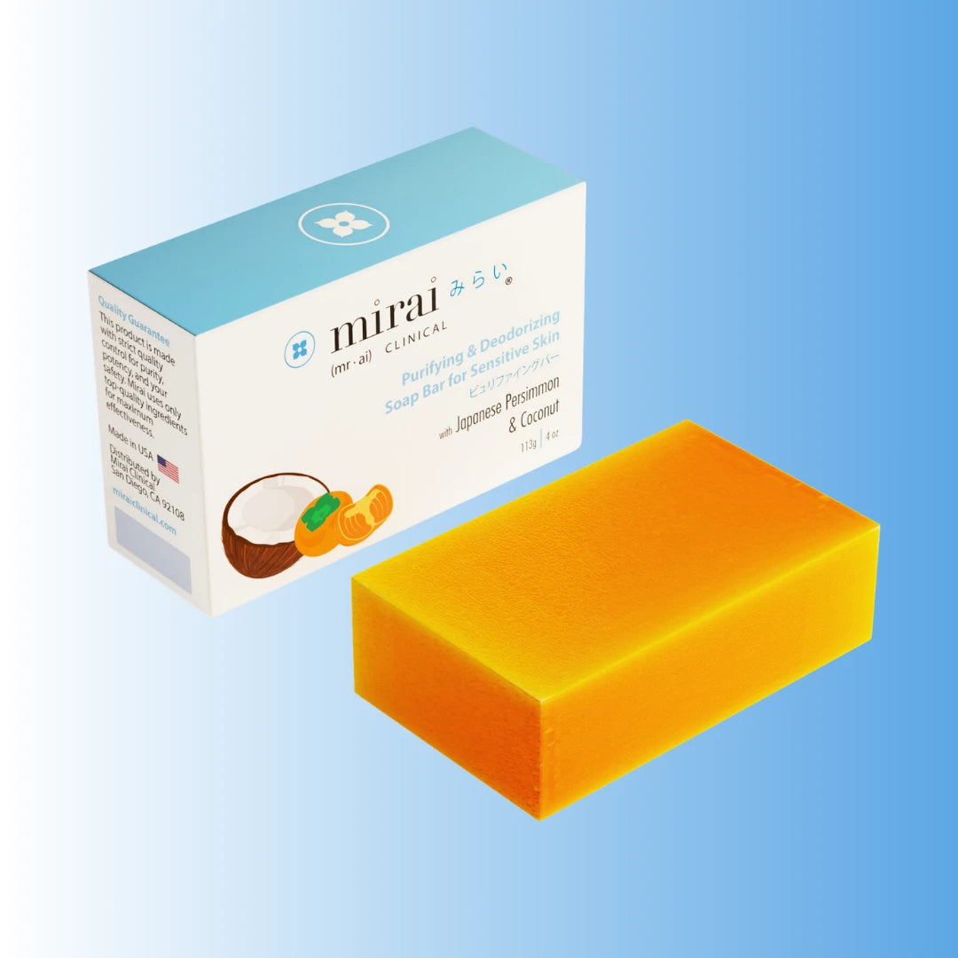 MiraiClinical persimmon nonenal deodorizing soap packaging designed for sensitive skin and body odor removal