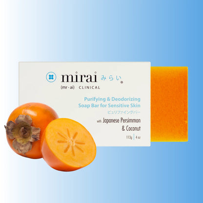 MiraiClinical persimmon deodorizing soap with fruit highlighting natural solution for nonenal body odor