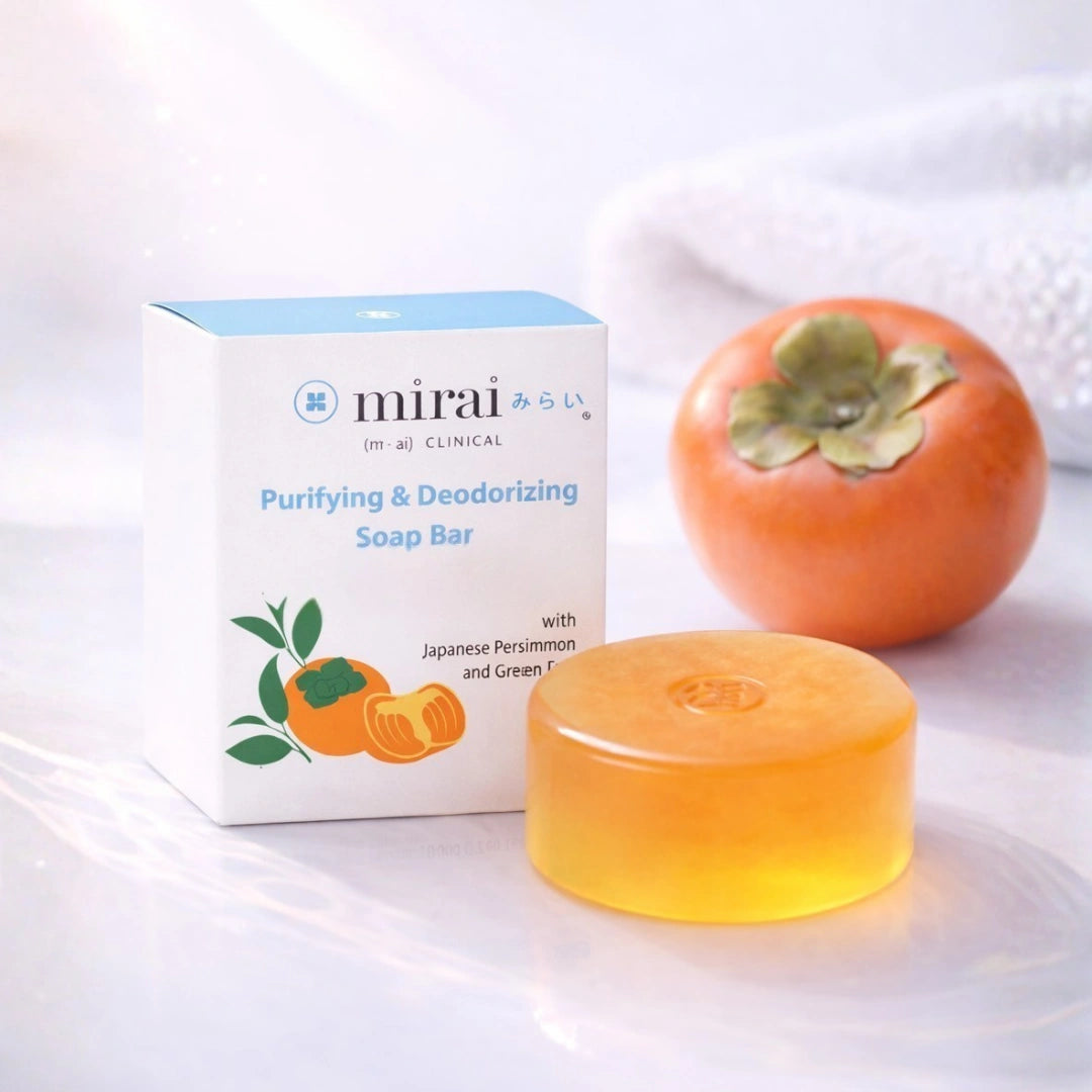 MiraiClinical persimmon deodorizing soap with fruit highlighting natural solution for nonenal body odor