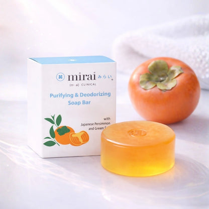 MiraiClinical persimmon deodorizing soap with fruit highlighting natural solution for nonenal body odor