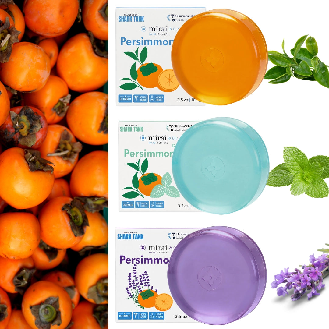 Trio of Mirai Clinical persimmon deodorizing soap bars showing different options- unscented, citrus and lavender