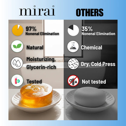 MiraiClinical persimmon soap comparison showing effective nonenal body odor deodorizing benefits versus ordinary cleansing products