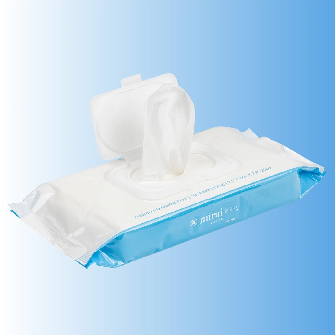 Mirai Clinical persimmon body wipes open pack showing nonenal odor deodorizing soft texture hygienic cleansing product