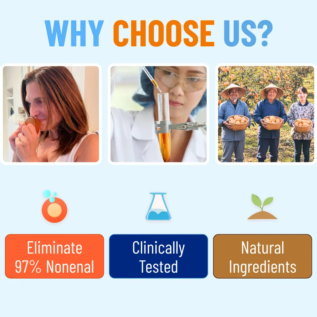 Mirai Clinical benefits graphic explaining persimmon deodorizing hair conditioner for nonenal odor control