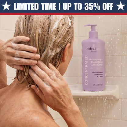 Washing hair in shower with Mirai Clinical Concentrated Moisturizing and Deodorizing Conditioner — Limited Time up to 25% off
