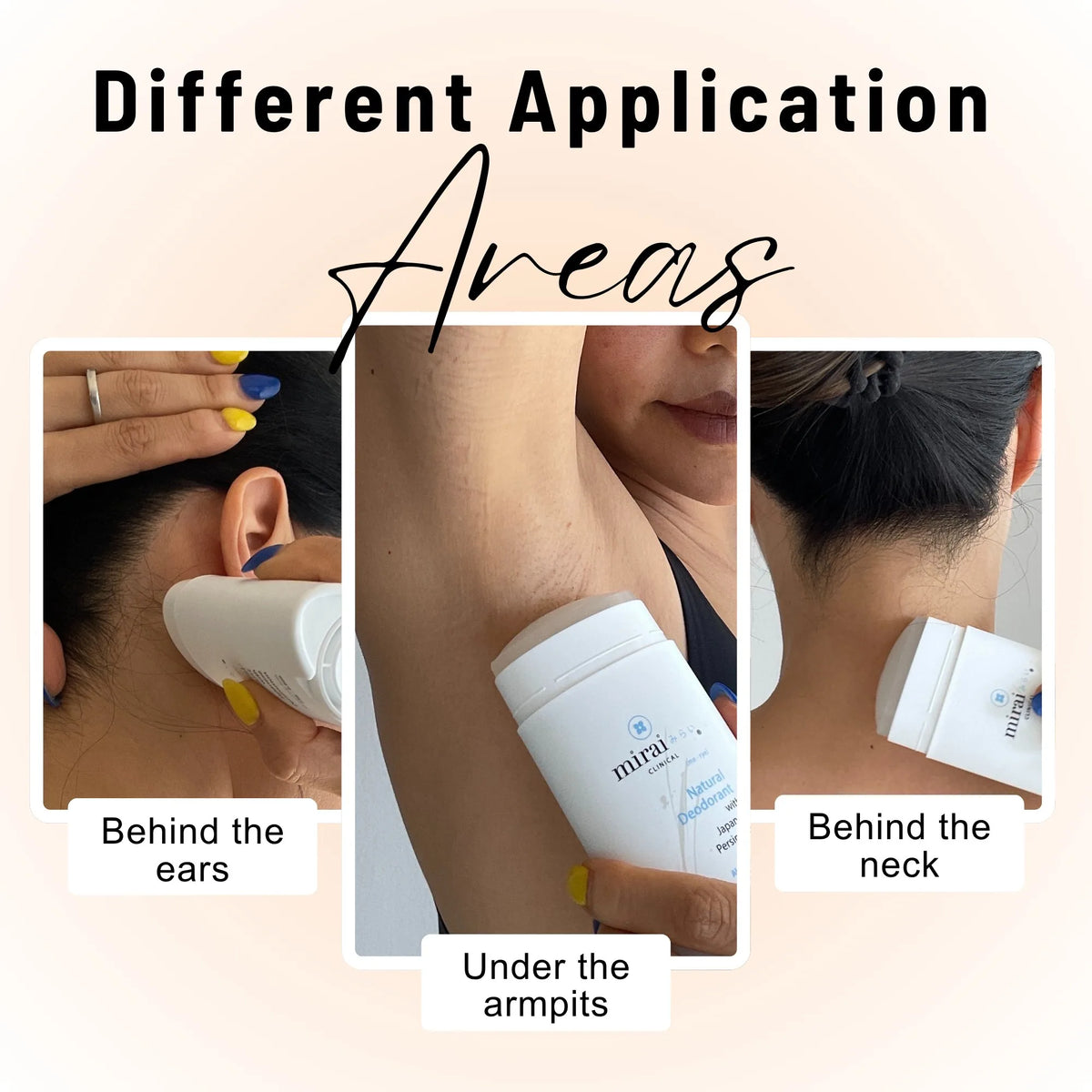 Demonstration of applying Mirai Clinical Natural Deodorant to 3 key Nonenal hotspots: behind the ears, under the armpits, and behind the neck