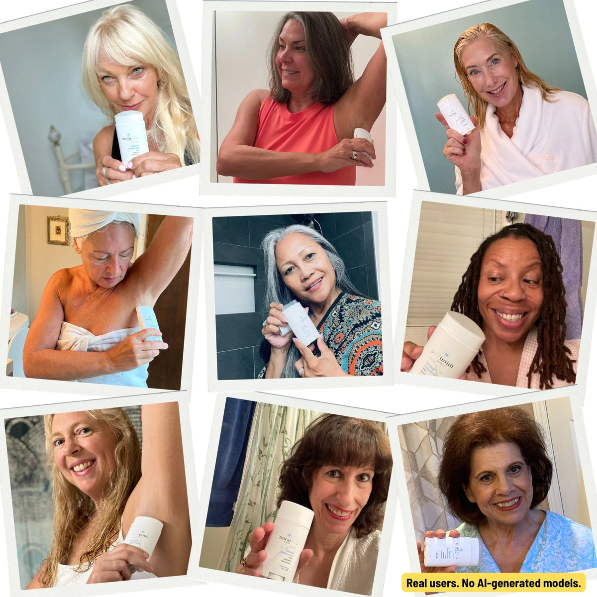 Collage of 9 real female customers over 40 using and holding Mirai Clinical Natural Deodorant stick. Real users, no AI-generated models.