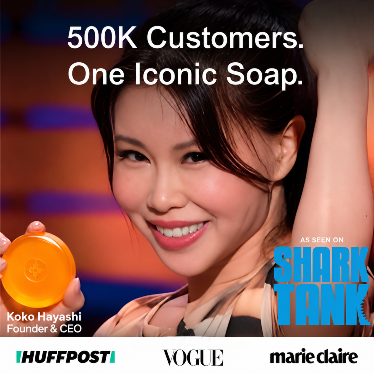 Founder Koko Hayashi holding orange persimmon soap, 500K customers, as seen on Shark Tank, HuffPost, Vogue and Marie Claire