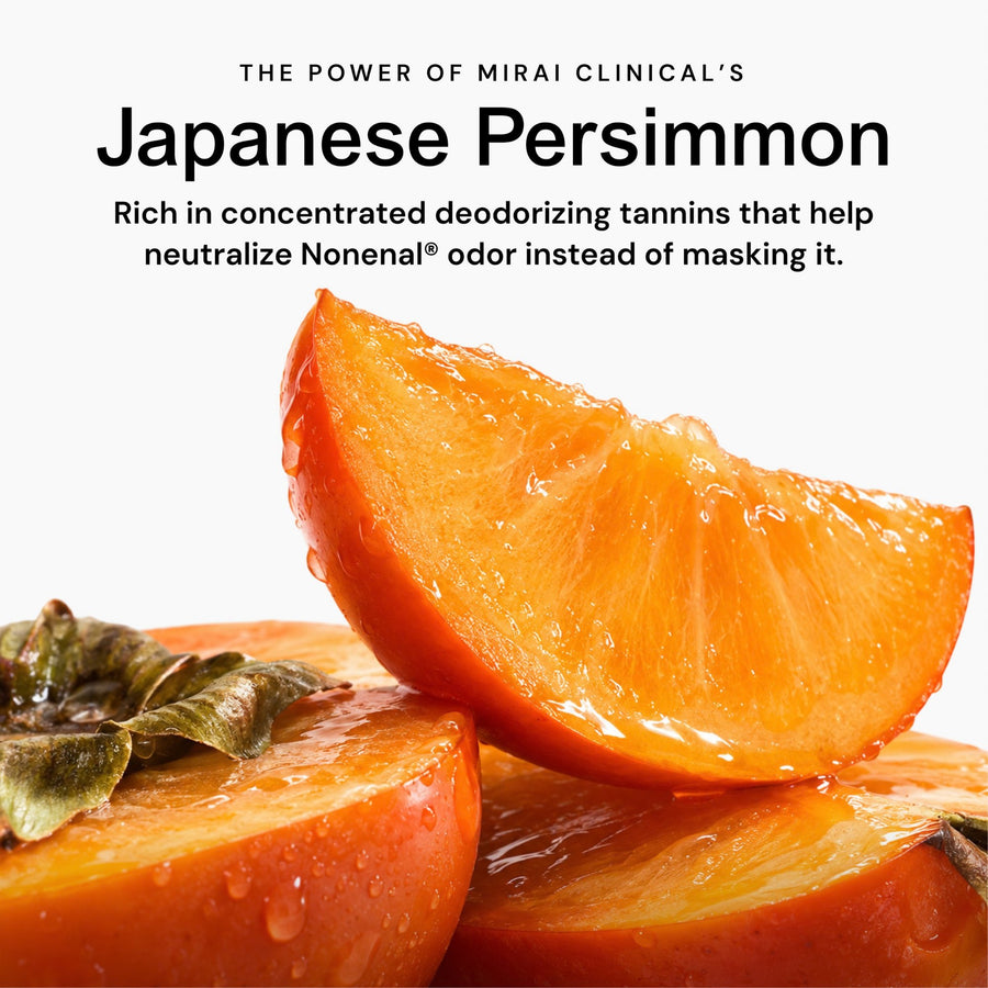 Mint - Promotional graphic for Mirai Clinical's Japanese Persimmon scent, featuring a glossy close-up of sliced persimmon with water droplets on a white background, with text explaining its odor-neutralizing properties.

