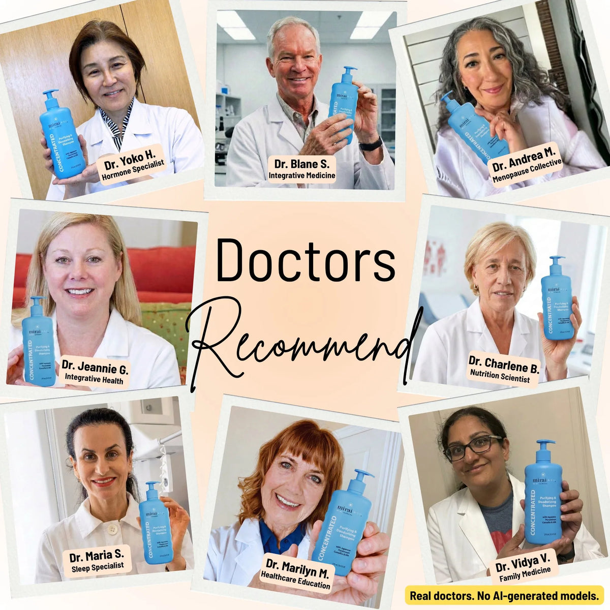 8 real doctors including hormone specialists, integrative medicine and nutrition scientists recommending Mirai Clinical Concentrated Shampoo. Real doctors, no AI-generated models.
