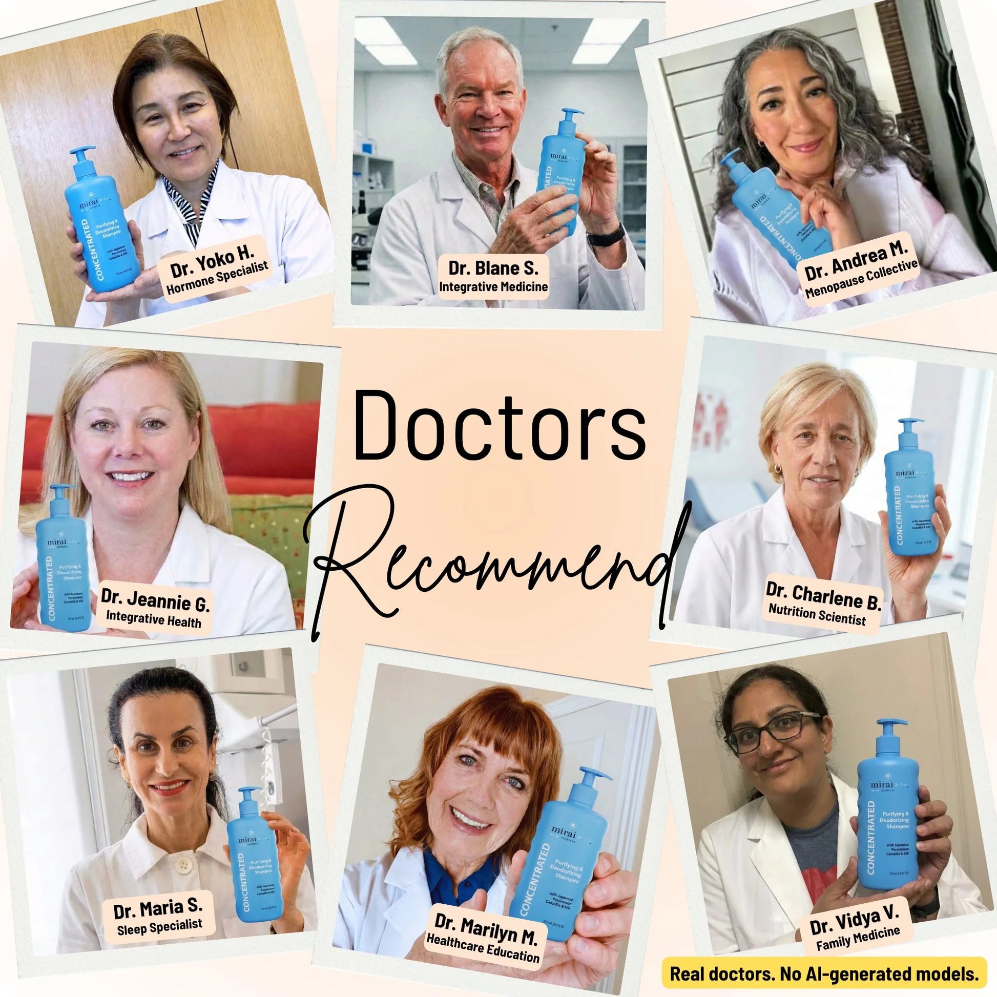 8 real doctors including hormone specialists, integrative medicine and nutrition scientists recommending Mirai Clinical Concentrated Shampoo. Real doctors, no AI-generated models.