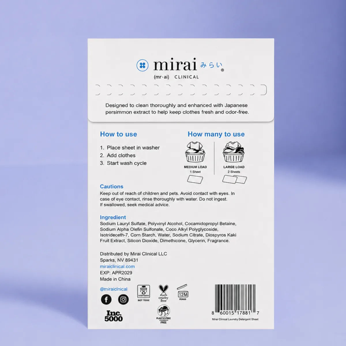 Back of Mirai Clinical Laundry Detergent Sheets showing ingredients, how to use instructions, cruelty-free and plastic-free certifications, Inc. 5000, made in China