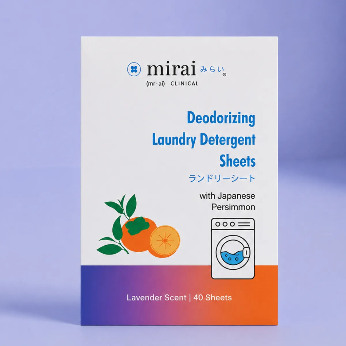 Mirai Clinical Deodorizing Laundry Detergent Sheets front packaging — Lavender Scent with Japanese Persimmon, 40 sheets