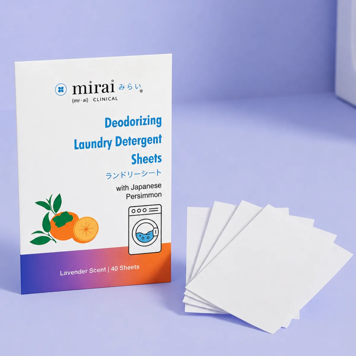 Mirai Clinical Deodorizing Laundry Detergent Sheets box with fanned-out sheets — Lavender Scent with Japanese Persimmon, 40 sheets