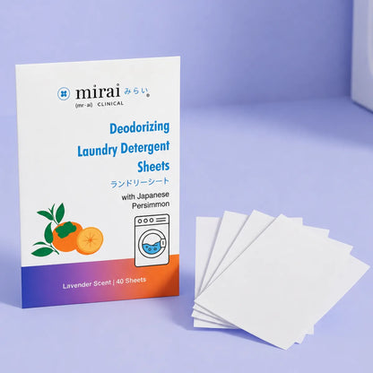 Mirai Clinical Deodorizing Laundry Detergent Sheets box with fanned-out sheets — Lavender Scent with Japanese Persimmon, 40 sheets