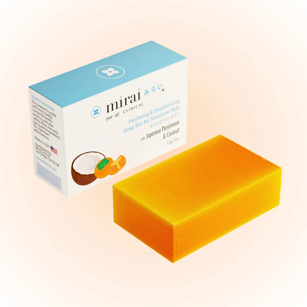 Mirai Clinical Purifying and Deodorizing Soap Bar for Sensitive Skin with box packaging showing Japanese Persimmon and Coconut ingredients, made in USA
