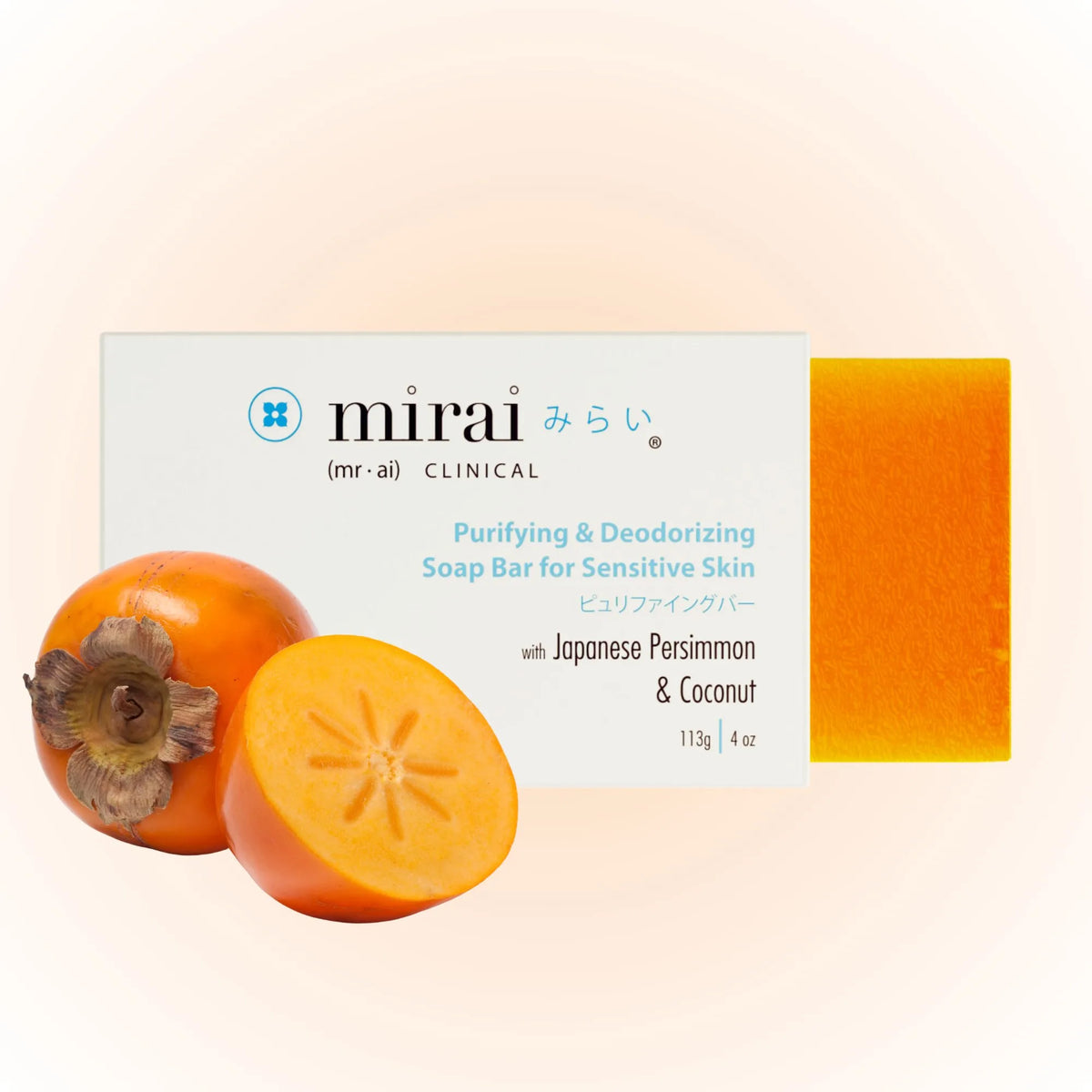 Mirai Clinical Purifying and Deodorizing Soap Bar for Sensitive Skin packaging displayed with fresh Japanese Persimmon — the key Nonenal-fighting ingredient