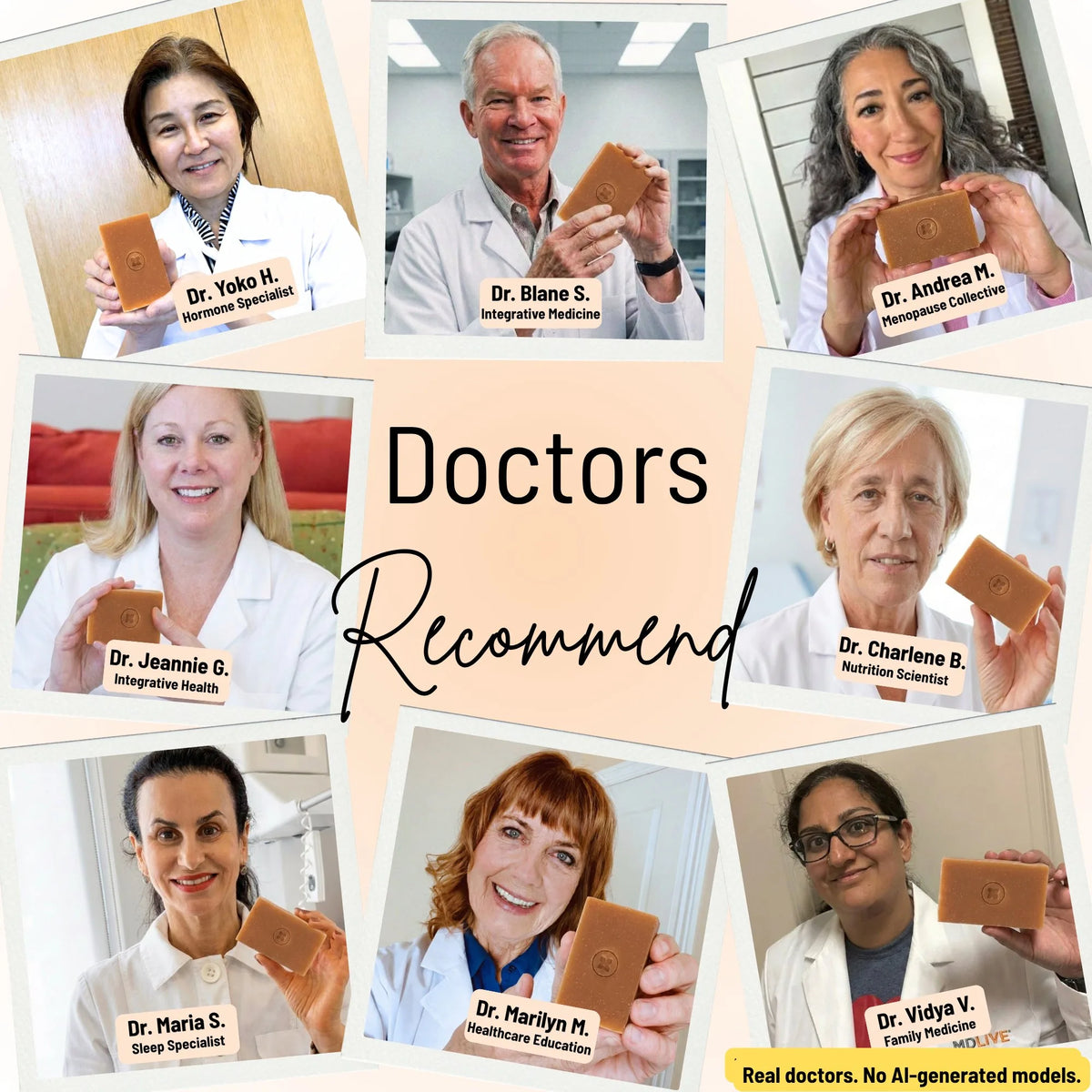 8 real doctors including hormone specialists, integrative medicine and nutrition scientists recommending Mirai Clinical soap bar. Real doctors, no AI-generated models.